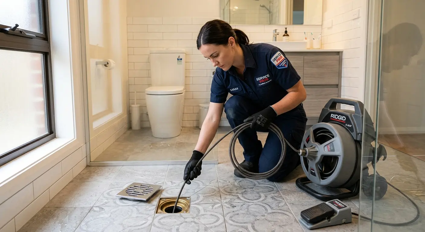 Technician clearing a bathroom floor drain for Sewer Line Installation in Avondale